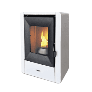 De Tepor smart 7kW is een moderne rechthoekige pelletkachel in een witte behuizing met een zichtbare vlam door het voorste glaspaneel. Binnenin brandt een klein houtblok, omgeven door een donker frame met de merknaam onder het glas.