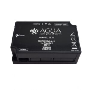 Een strak, zwart rechthoekig apparaat met het label "AGUA IoT Platform NAVEL 2.0" toont verschillende certificeringspictogrammen en contactgegevens voor Micronova s.r.l., Vigonza, Padova, en vormt een perfecte aanvulling op de Wifi-kitfuncties van het Micronova 4790174-model.