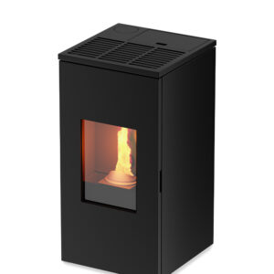 De Tepor Futura 11kW is een moderne zwarte kubusvormige pelletkachel met een naar voren gericht glazen paneel dat een warme, gloeiende vlam laat zien. Met zijn geventileerde bovenkant en minimalistische ontwerp is hij perfect voor hedendaagse interieurs.