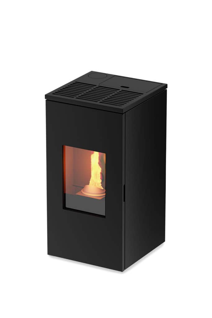 De Tepor Futura 11kW is een moderne zwarte kubusvormige pelletkachel met een naar voren gericht glazen paneel dat een warme, gloeiende vlam laat zien. Met zijn geventileerde bovenkant en minimalistische ontwerp is hij perfect voor hedendaagse interieurs.