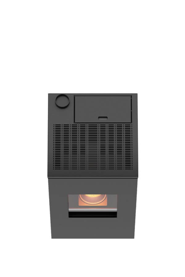 Bovenaanzicht van de Tepor Futura 11kW, een strak, modern zwart apparaat. Het rechthoekige ontwerp heeft een bovenste ronde knop, een geventileerd gedeelte en een klein voorvenster dat een vlam of licht onthult.