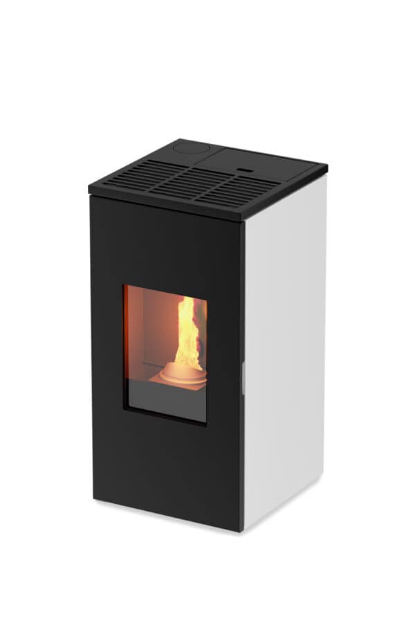 De zwart-witte Tepor Futura 11kW pelletkachel heeft een strak, rechthoekig ontwerp met ventilatieroosters aan de bovenkant en een glazen voorkant waardoor de vlam zichtbaar is.