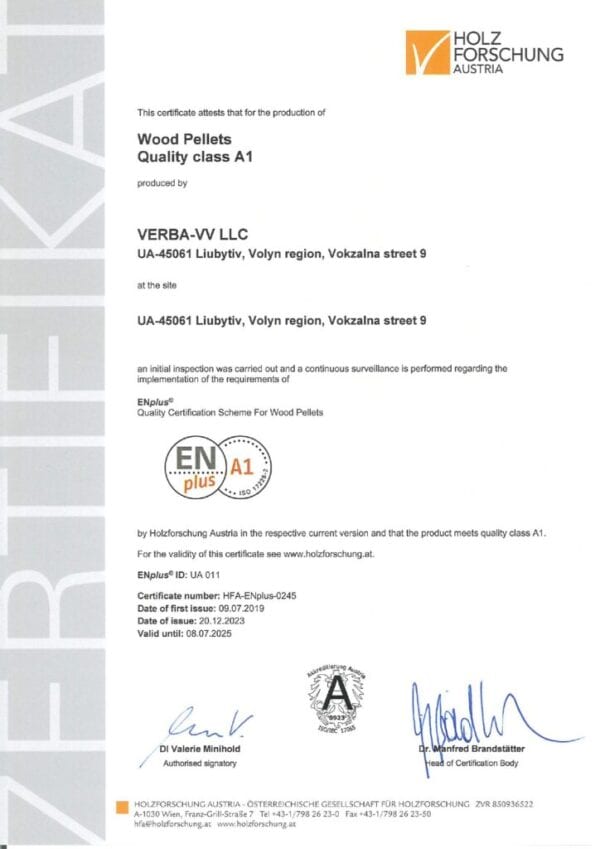 Een certificaat van Holz Forschung Austria certificeert VERBA-VV LLC, Oekraïne, voor de productie van Verba Premium 975kg ENplusA1 Houtpellets (kwaliteitsklasse A1), gedateerd 07.07.2023, met ENplus- en A1-logo's en officiële stempels.
