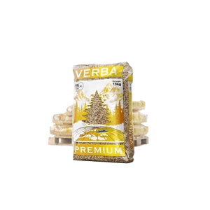 Een zak van 975 kg Verba Premium ENplusA1 Houtpellets met een geel-wit ontwerp, een illustratie van bomen en tekst op de verpakking.